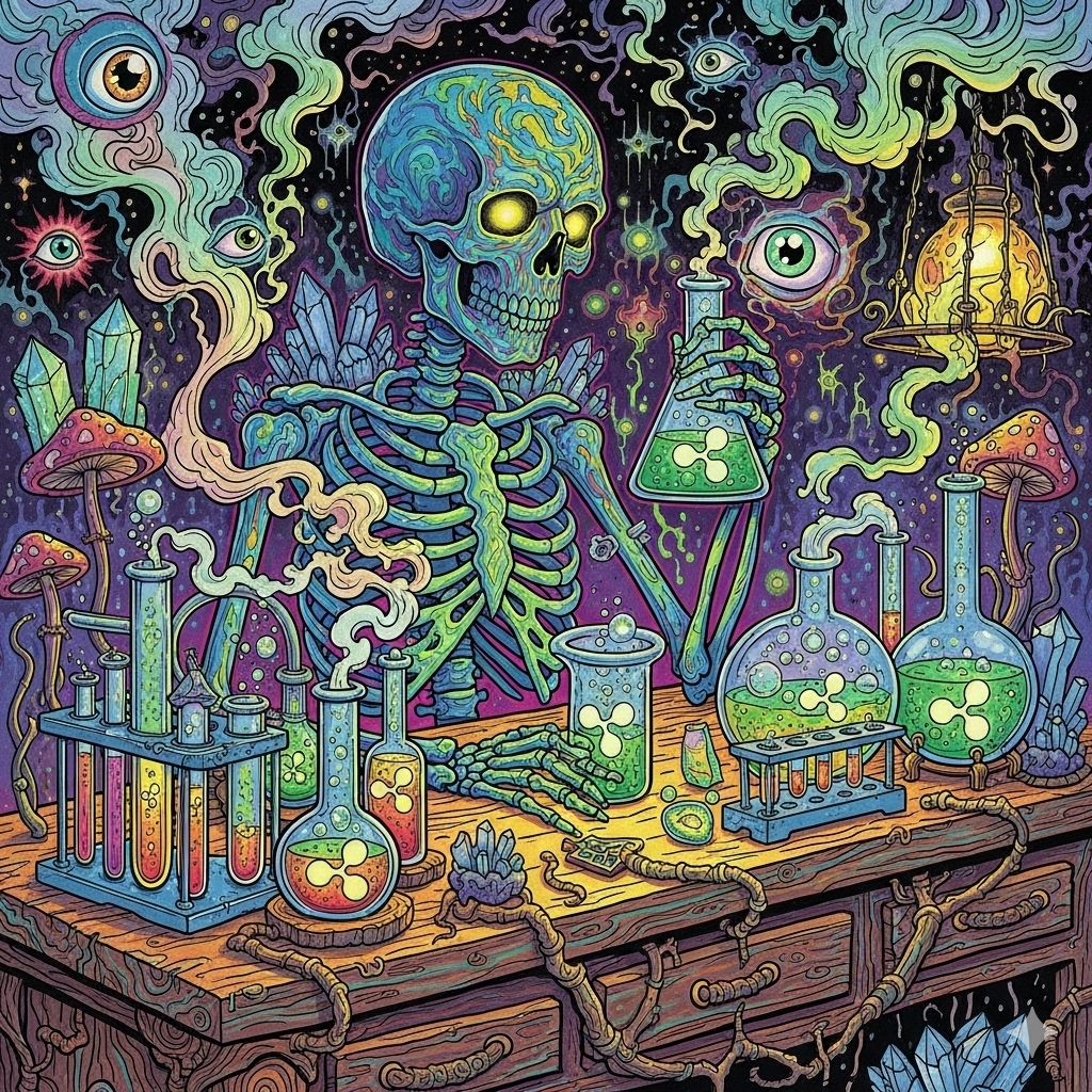 Cosmic Timekeeper's Watch - Powerful skeletal figure in suit controlling massive cosmic pocket watch containing miniature solar system with planets, gears, XRP logo, and dancing bears